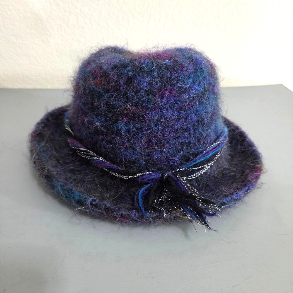 Handmade Fuzzy Knit Bucket Hat Womens One Size Purple Blue Multicolor Bead Thick